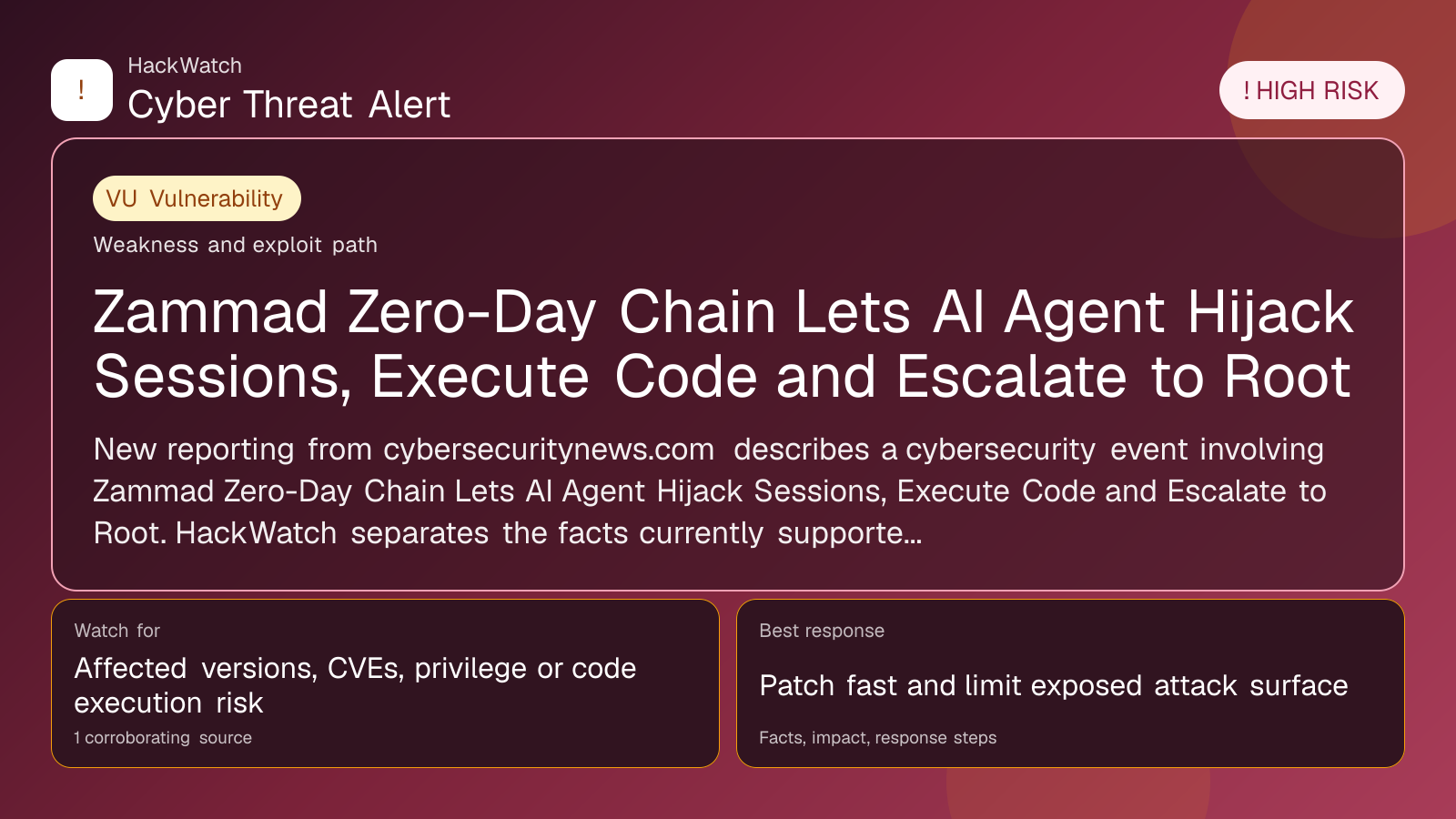 Zammad Zero-Day Chain Lets AI Agent Hijack Sessions, Execute Code and Escalate to Root - HackWatch vulnerability alert image