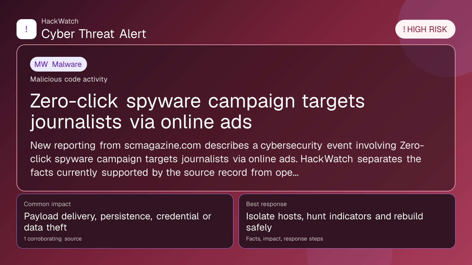 Zero-click spyware campaign targets journalists via online ads - HackWatch malware alert image