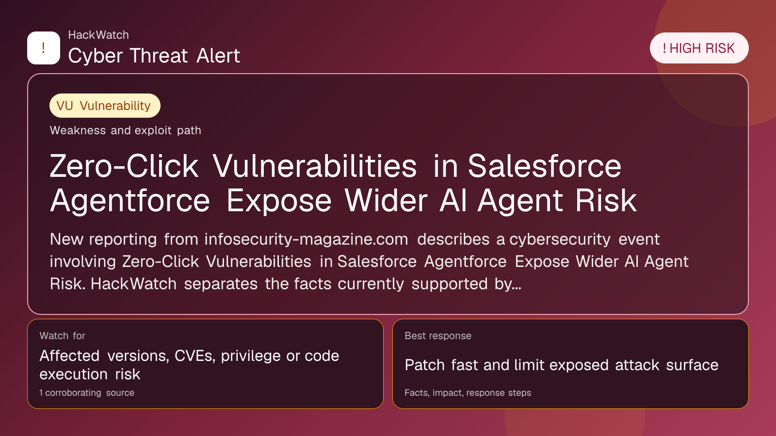 Zero-Click Vulnerabilities in Salesforce Agentforce Expose Wider AI Agent Risk - HackWatch vulnerability alert image