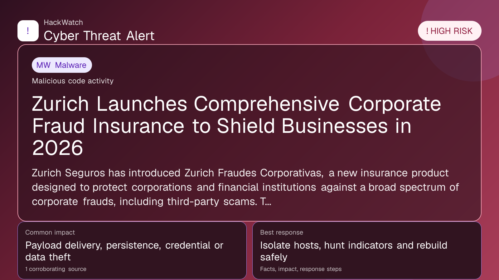 Zurich Launches Comprehensive Corporate Fraud Insurance to Shield Businesses in 2026 - HackWatch malware alert image